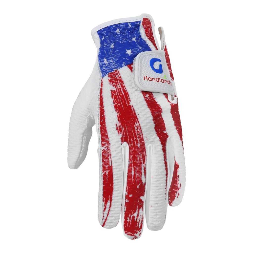 Handlandy USA flag pattern golf glove, white with red stripes and blue star patch, breathable sports glove for men